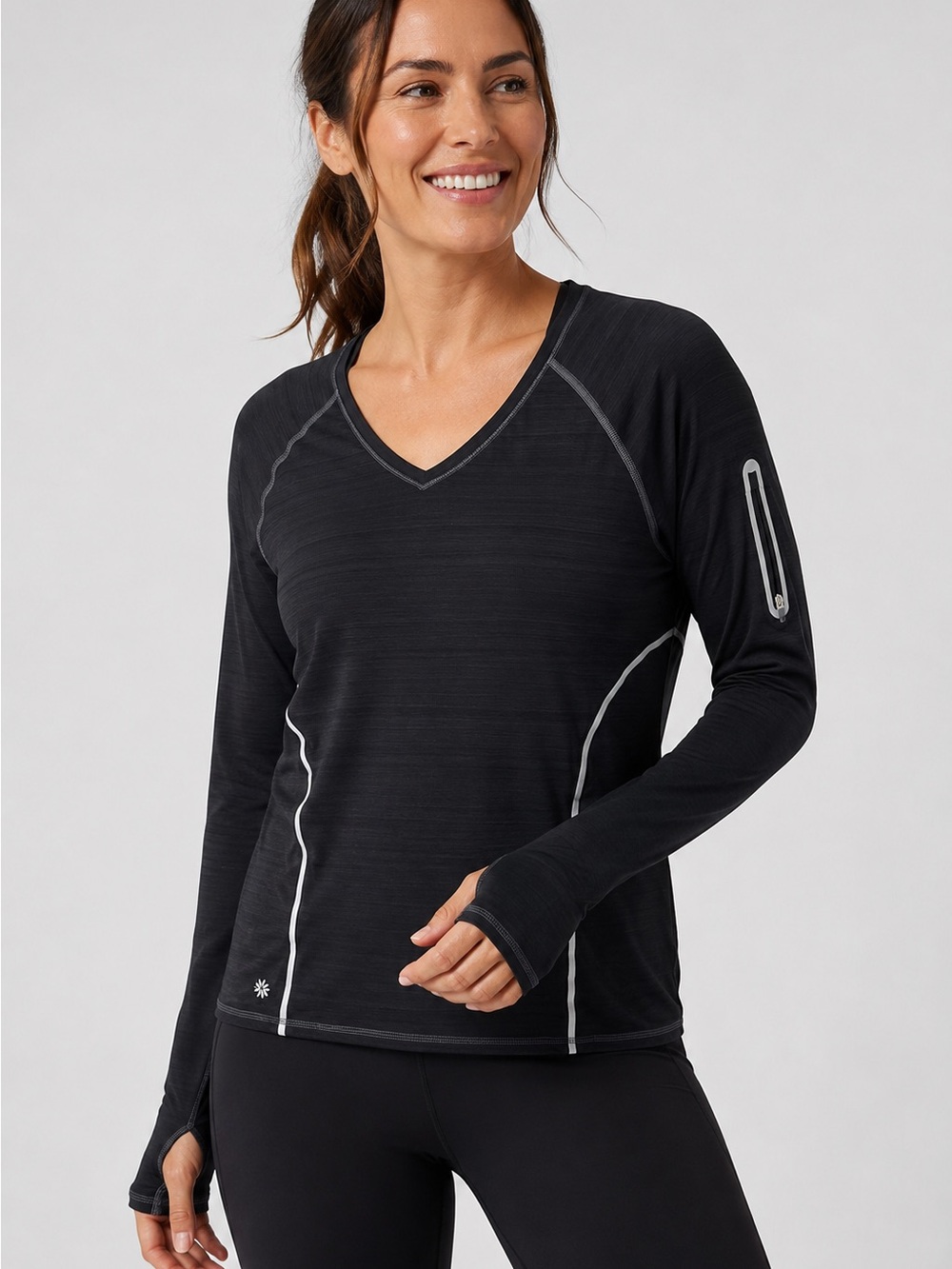 Athleta XL Black Long Sleeve Athletic Running Top Reflective Thumbholes Zip Pock
